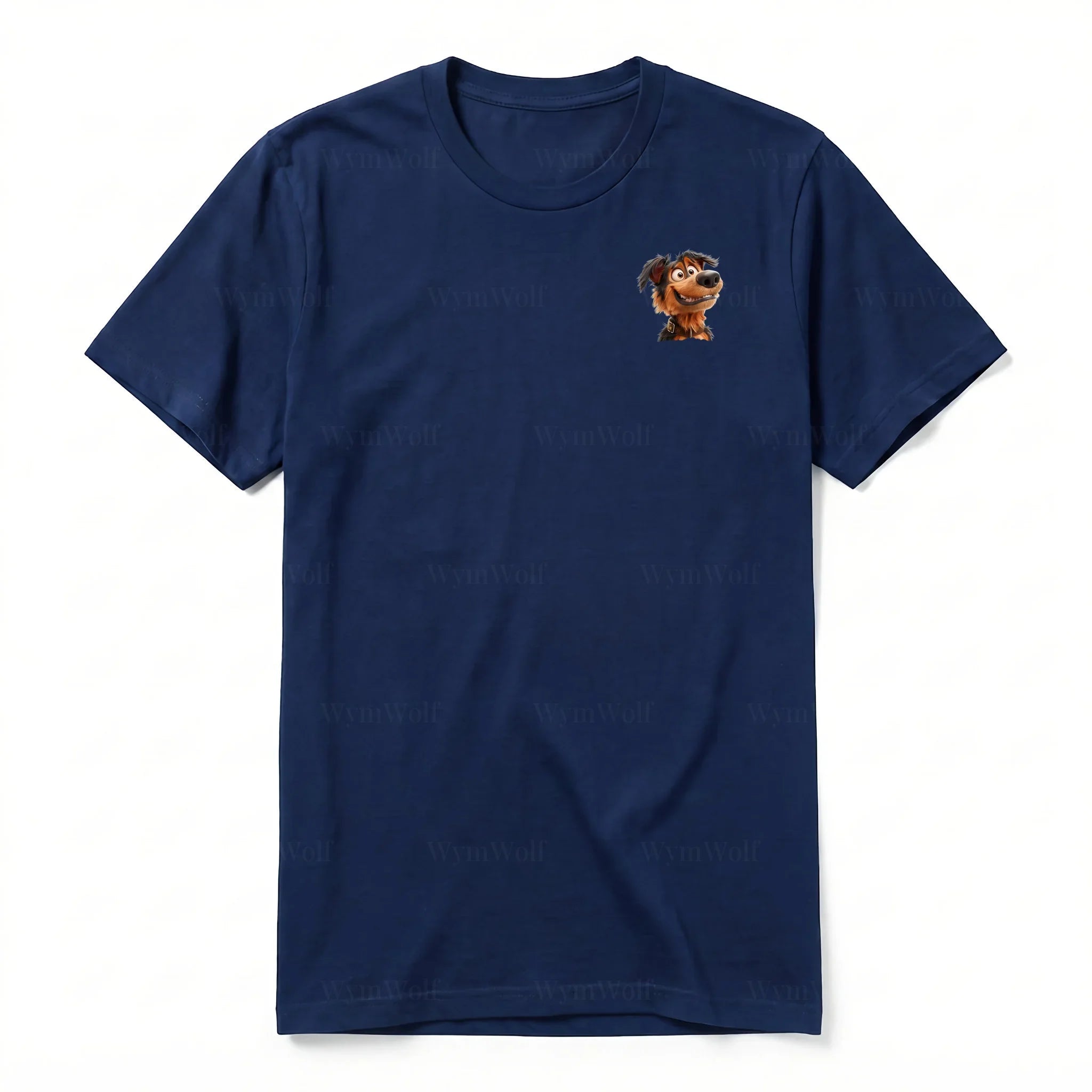 A navy short-sleeve crewneck t-shirt for adult featuring a graphic of a dog on the left chest.