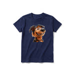 A navy short-sleeve crewneck t-shirt for youth featuring a graphic of a dog on the front.
