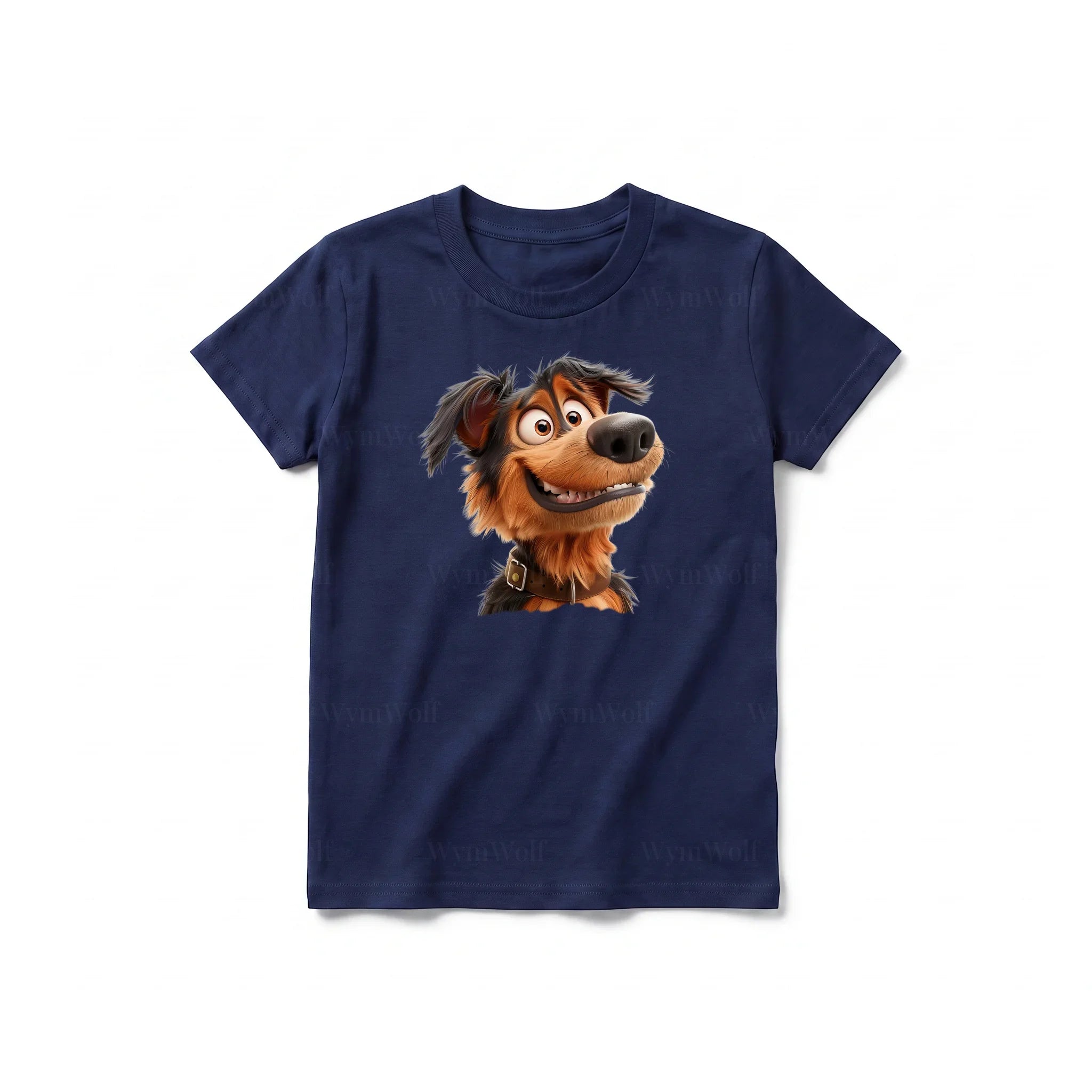 A navy short-sleeve crewneck t-shirt for youth featuring a graphic of a dog on the front.