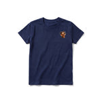 A navy short-sleeve crewneck t-shirt for youth featuring a graphic of a dog on the left chest.