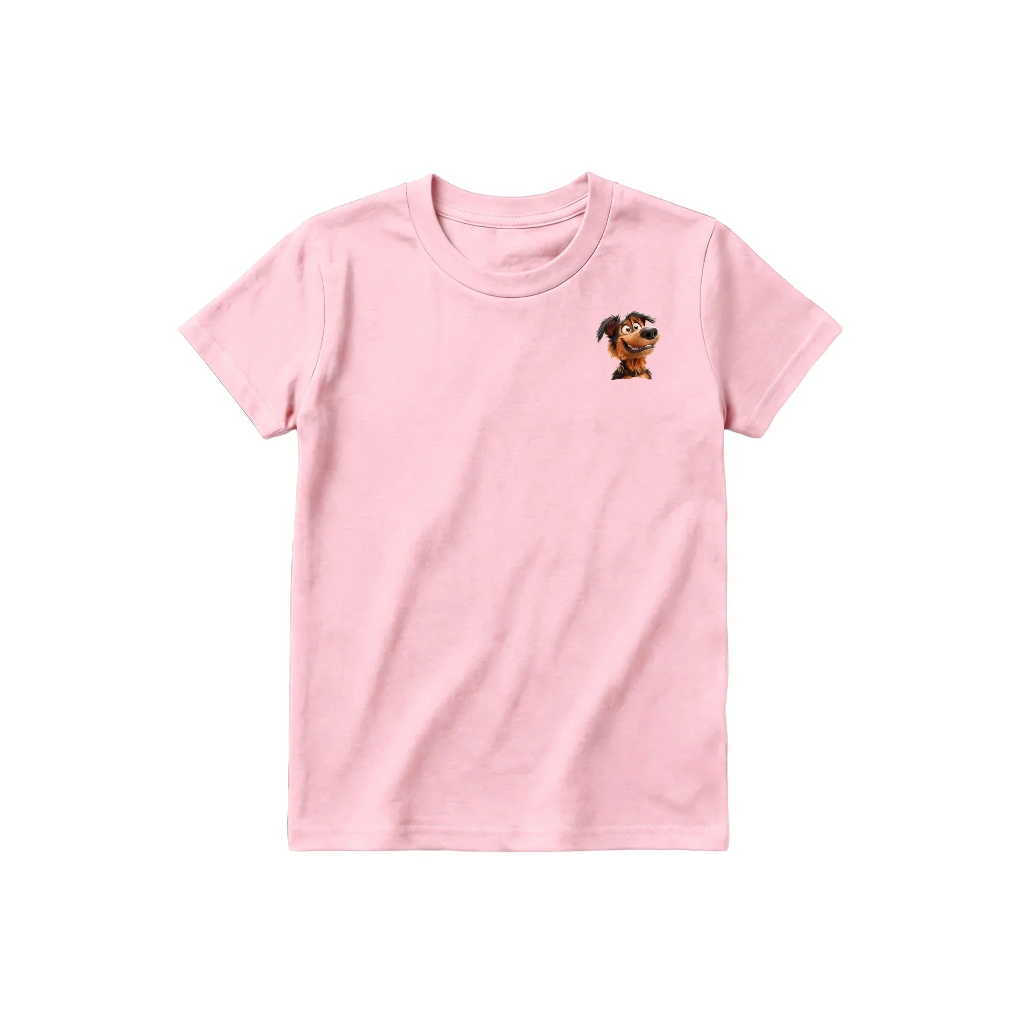 A pink short-sleeve crewneck t-shirt for youth featuring a graphic of a dog on the left chest.