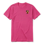 A raspberry short-sleeve crewneck t-shirt for adult featuring a graphic of a dog on the left chest.