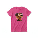 A raspberry short-sleeve crewneck t-shirt for youth featuring a graphic of a dog on the front.