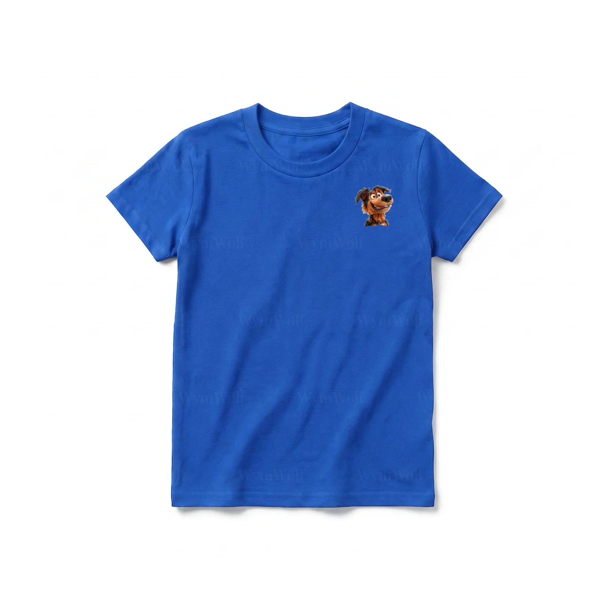 A royal short-sleeve crewneck t-shirt for youth featuring a graphic of a dog on the left chest.