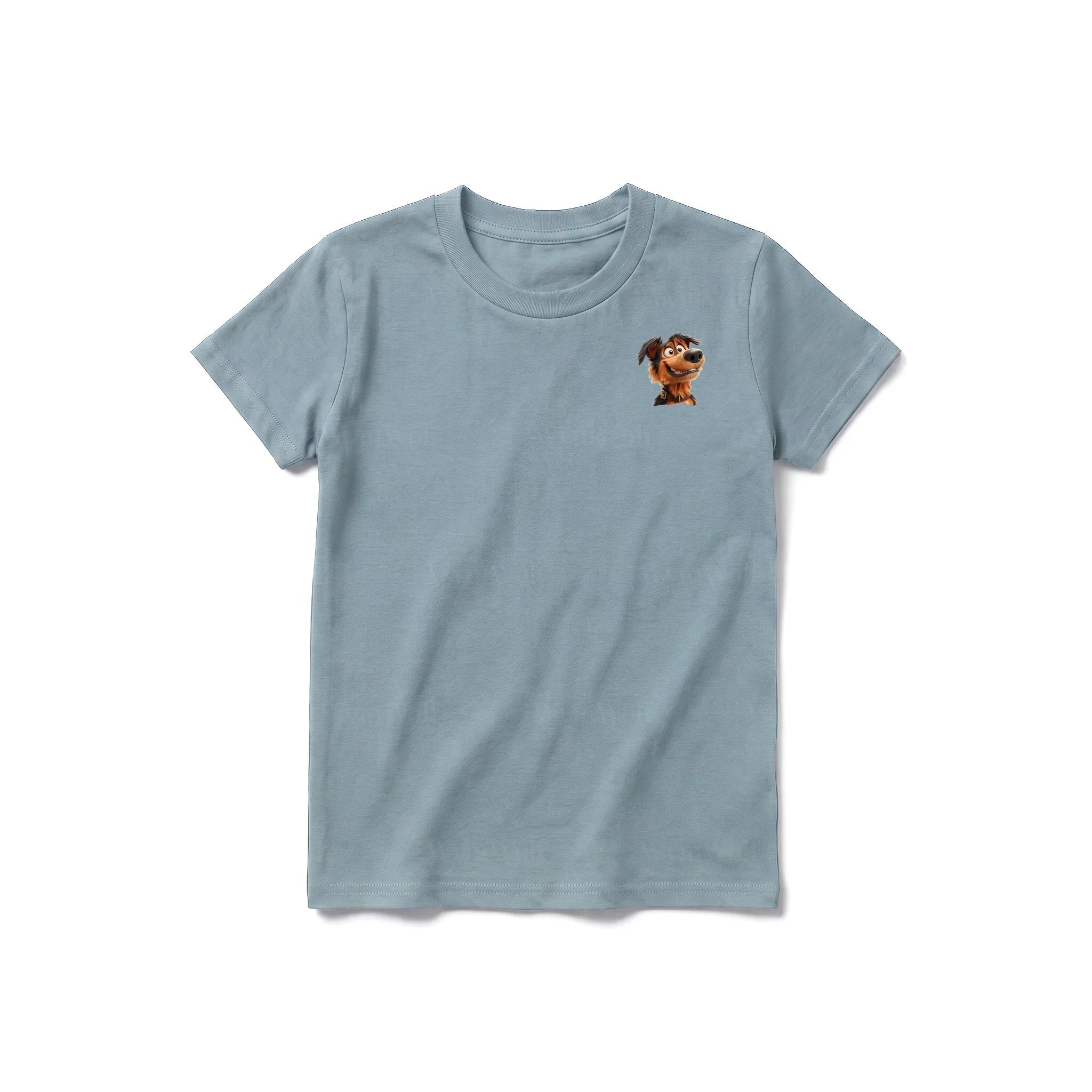 A sage short-sleeve crewneck t-shirt for youth featuring a graphic of a dog on the left chest.