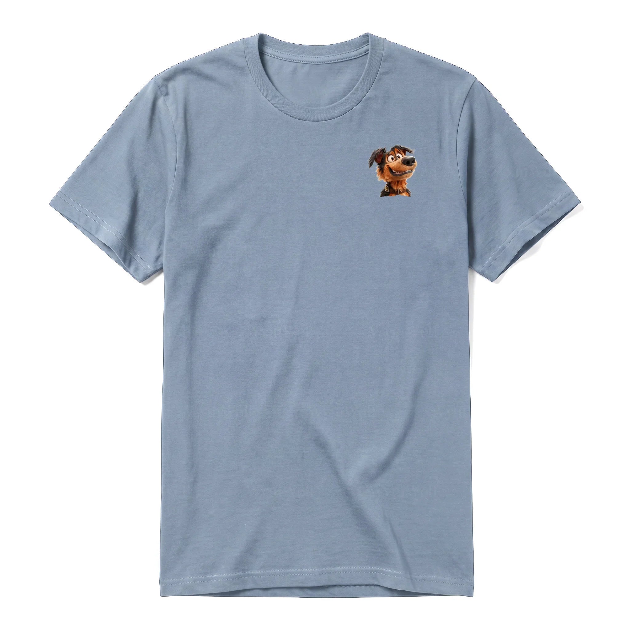 Un T-shirt steel-blue à manches courtes et col rond, orné d'un motif représentant un chien sur la poitrine gauche.
