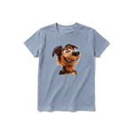 Un T-shirt steel-blue à manches courtes et col rond pour jeune, orné d'un motif représentant un chien sur le devant.
