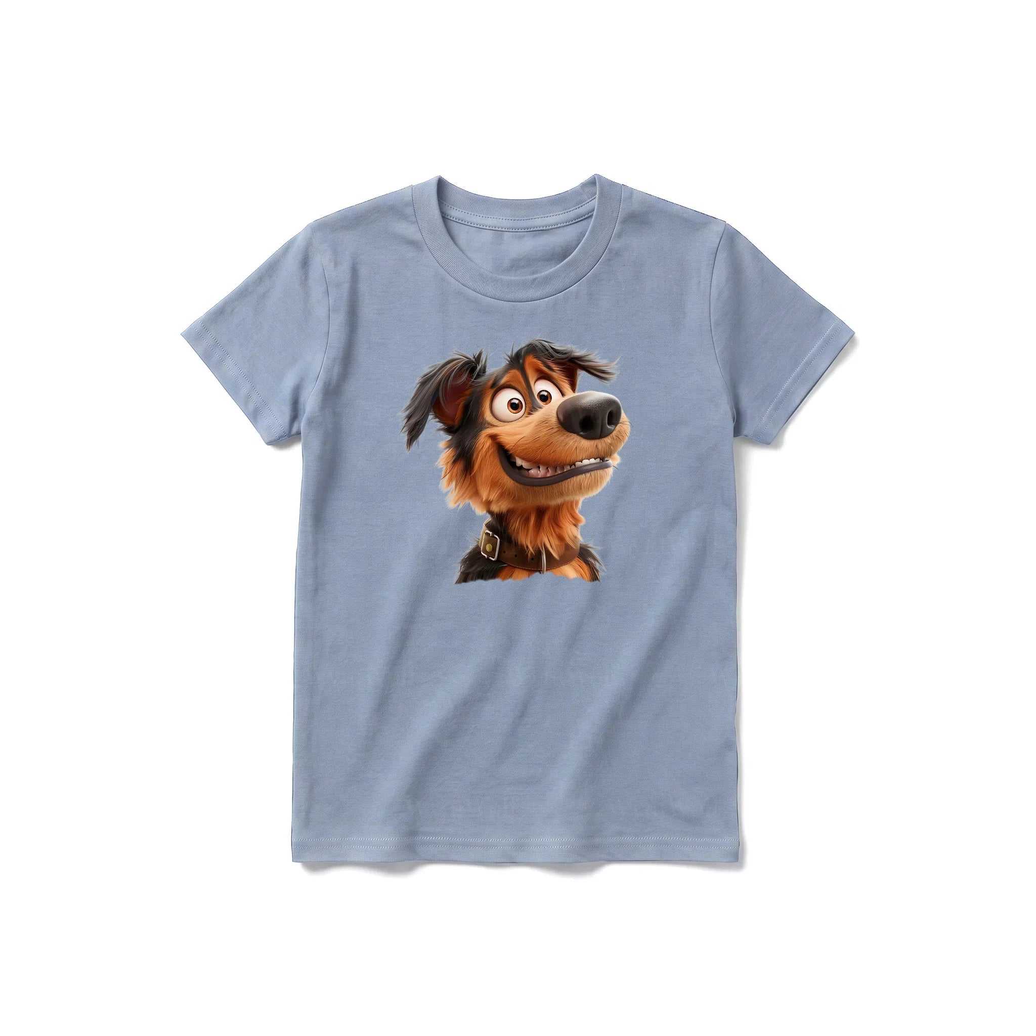 Un T-shirt steel-blue à manches courtes et col rond pour jeune, orné d'un motif représentant un chien sur le devant.