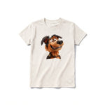 A vintage-white short-sleeve crewneck t-shirt for youth featuring a graphic of a dog on the front.