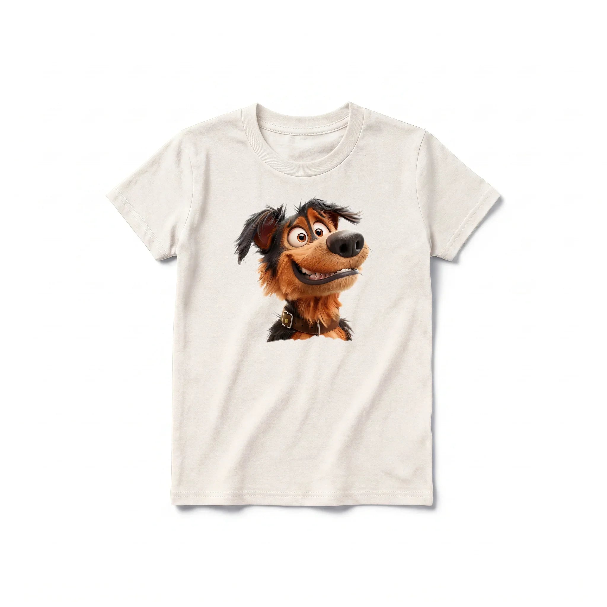 A vintage-white short-sleeve crewneck t-shirt for youth featuring a graphic of a dog on the front.