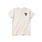 A vintage-white short-sleeve crewneck t-shirt for youth featuring a graphic of a dog on the left chest.