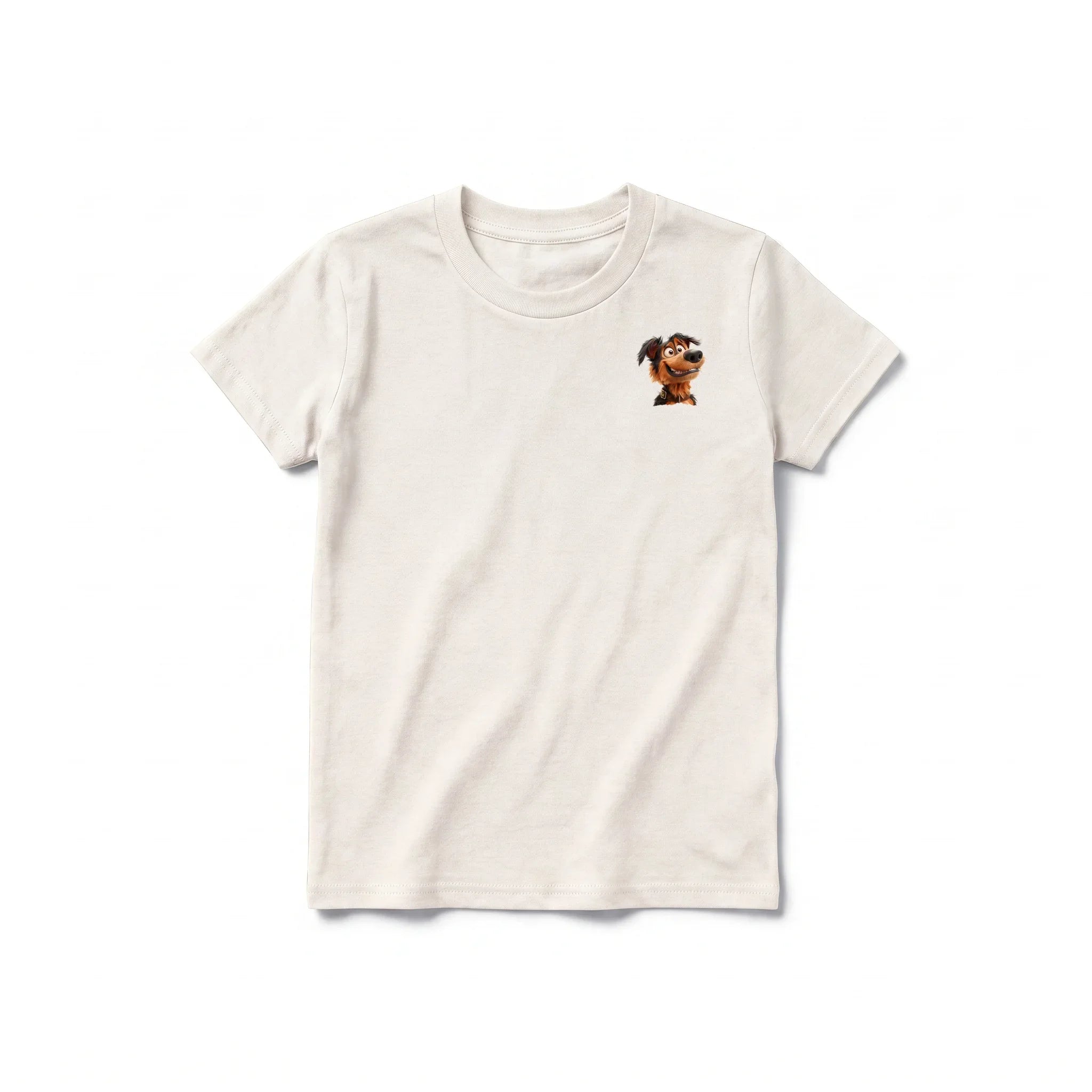 A vintage-white short-sleeve crewneck t-shirt for youth featuring a graphic of a dog on the left chest.