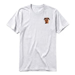A ash grey short-sleeve crewneck t-shirt for adult featuring a graphic of a dog on the left chest.