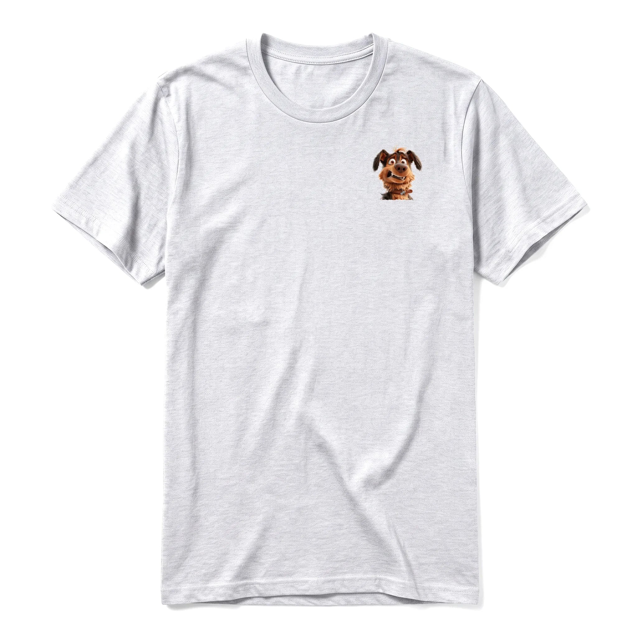 A ash grey short-sleeve crewneck t-shirt for adult featuring a graphic of a dog on the left chest.
