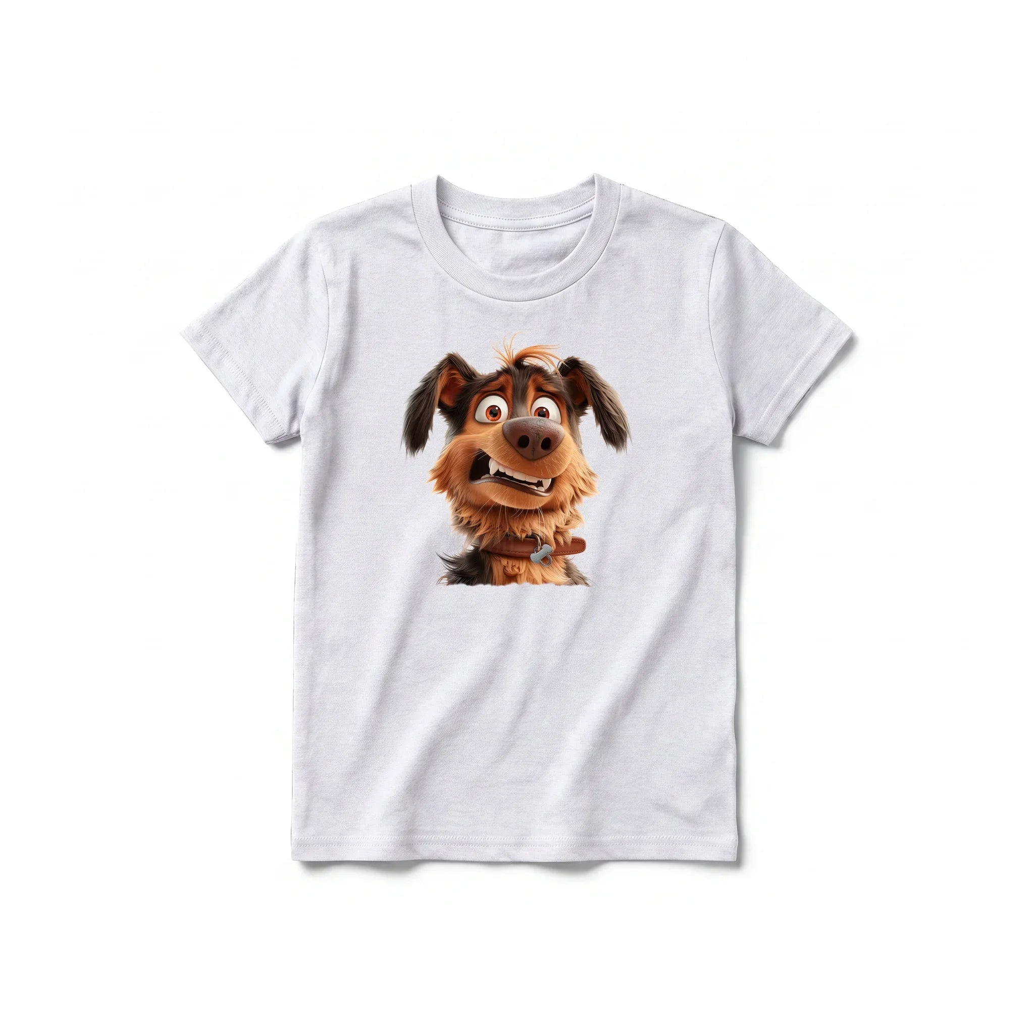 A ash grey short-sleeve crewneck t-shirt for youth featuring a graphic of a dog on the front.