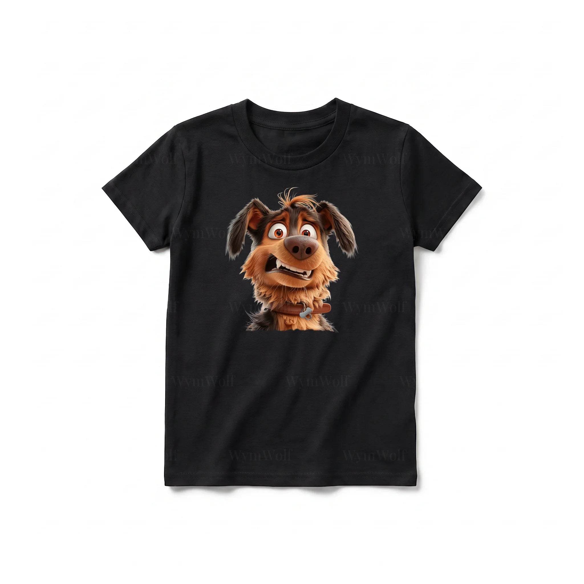 A black short-sleeve crewneck t-shirt for youth featuring a graphic of a dog on the front.