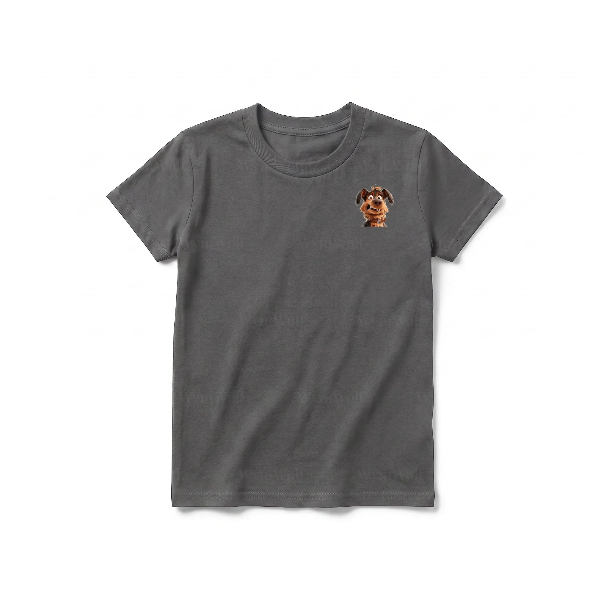 A charcoal short-sleeve crewneck t-shirt for youth featuring a graphic of a dog on the left chest.