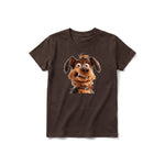 A chocolate short-sleeve crewneck t-shirt for youth featuring a graphic of a dog on the front.