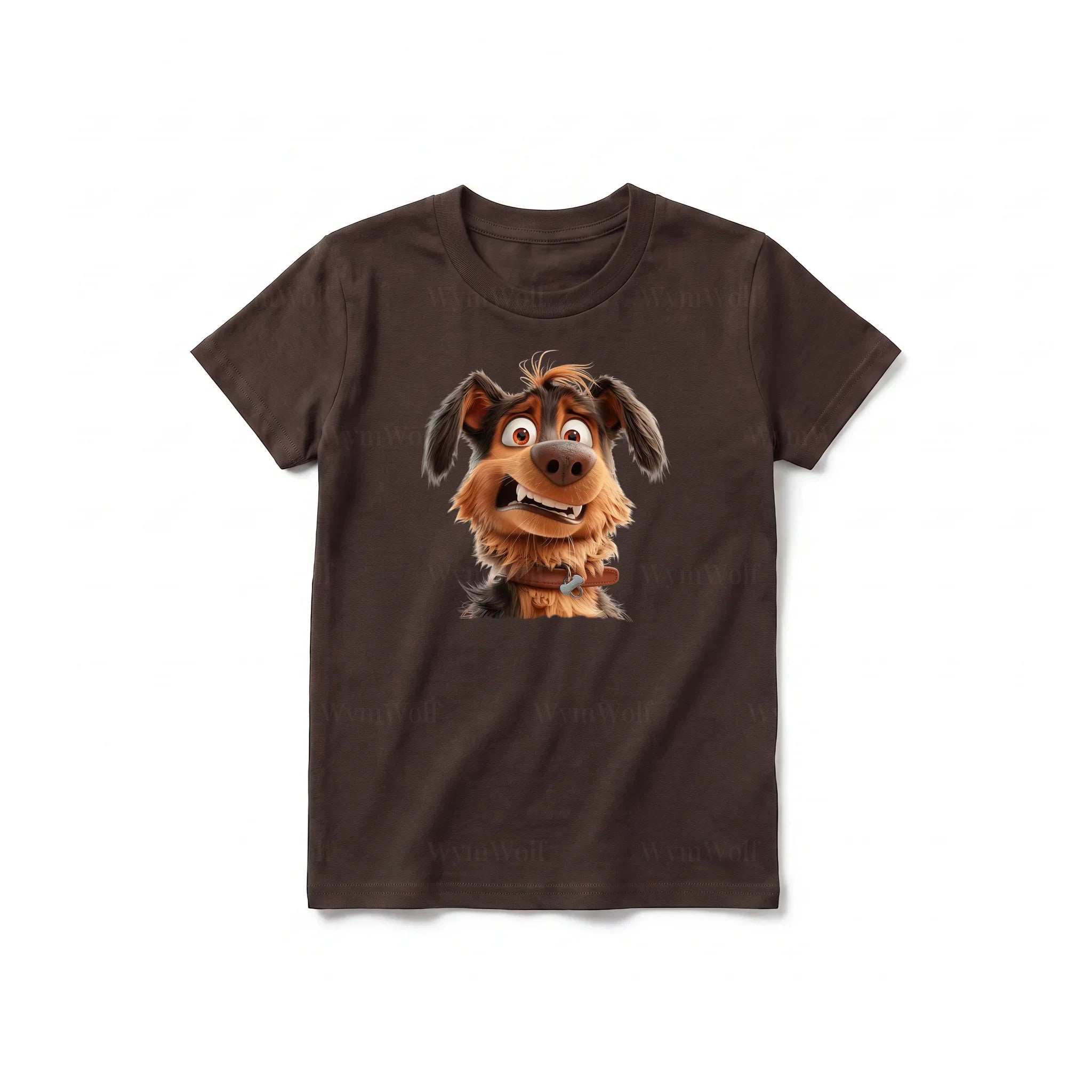 A chocolate short-sleeve crewneck t-shirt for youth featuring a graphic of a dog on the front.