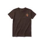 A chocolate short-sleeve crewneck t-shirt for youth featuring a graphic of a dog on the left chest.