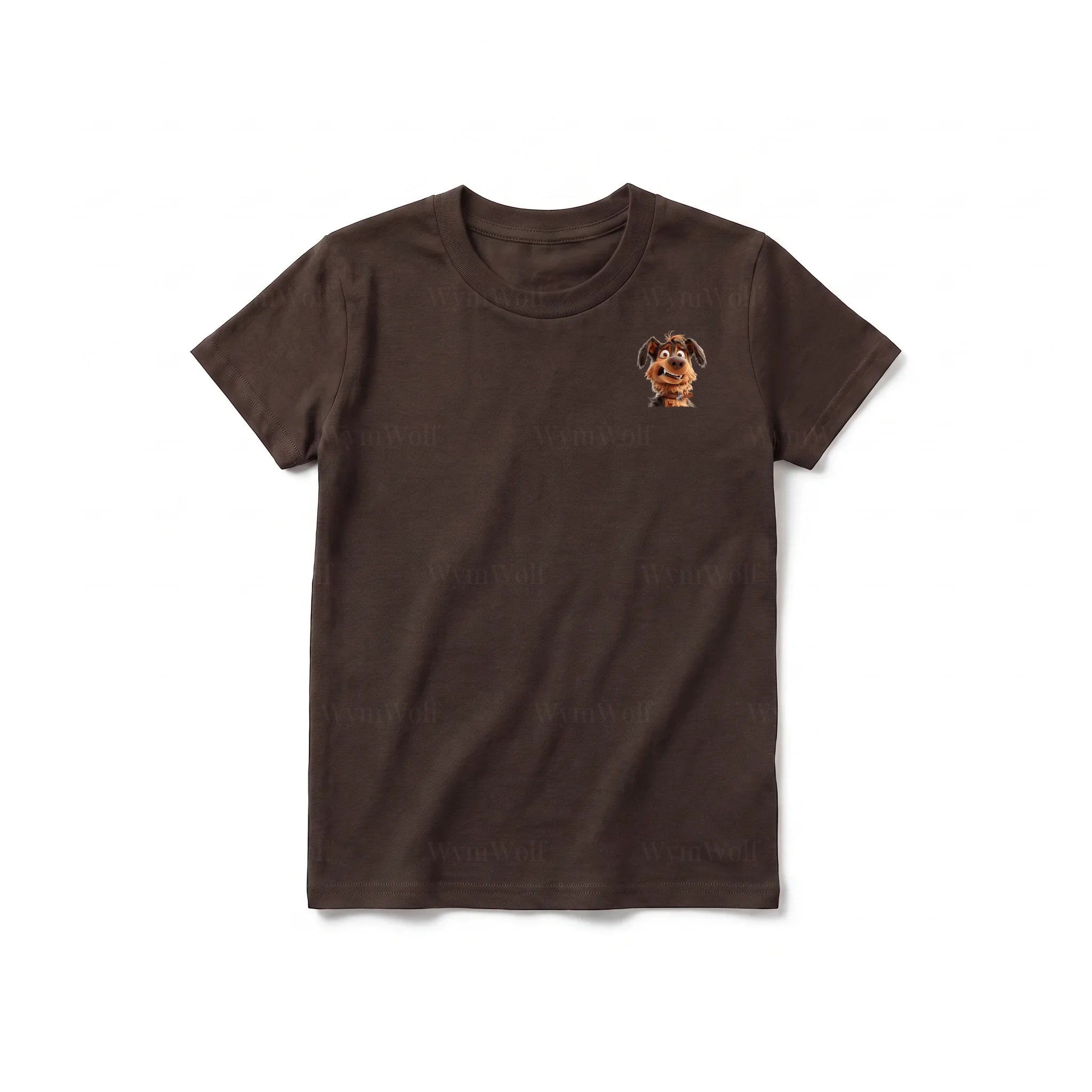A chocolate short-sleeve crewneck t-shirt for youth featuring a graphic of a dog on the left chest.