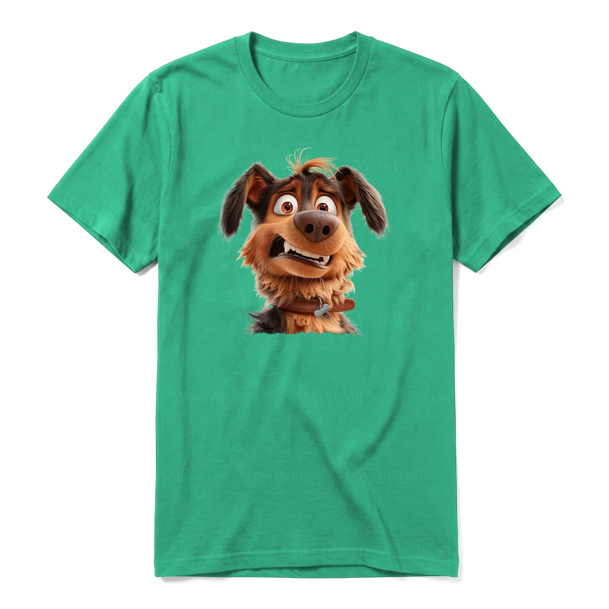 A kelly short-sleeve crewneck t-shirt for adult featuring a graphic of a dog on the front.