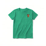 A kelly short-sleeve crewneck t-shirt for youth featuring a graphic of a dog on the left chest.