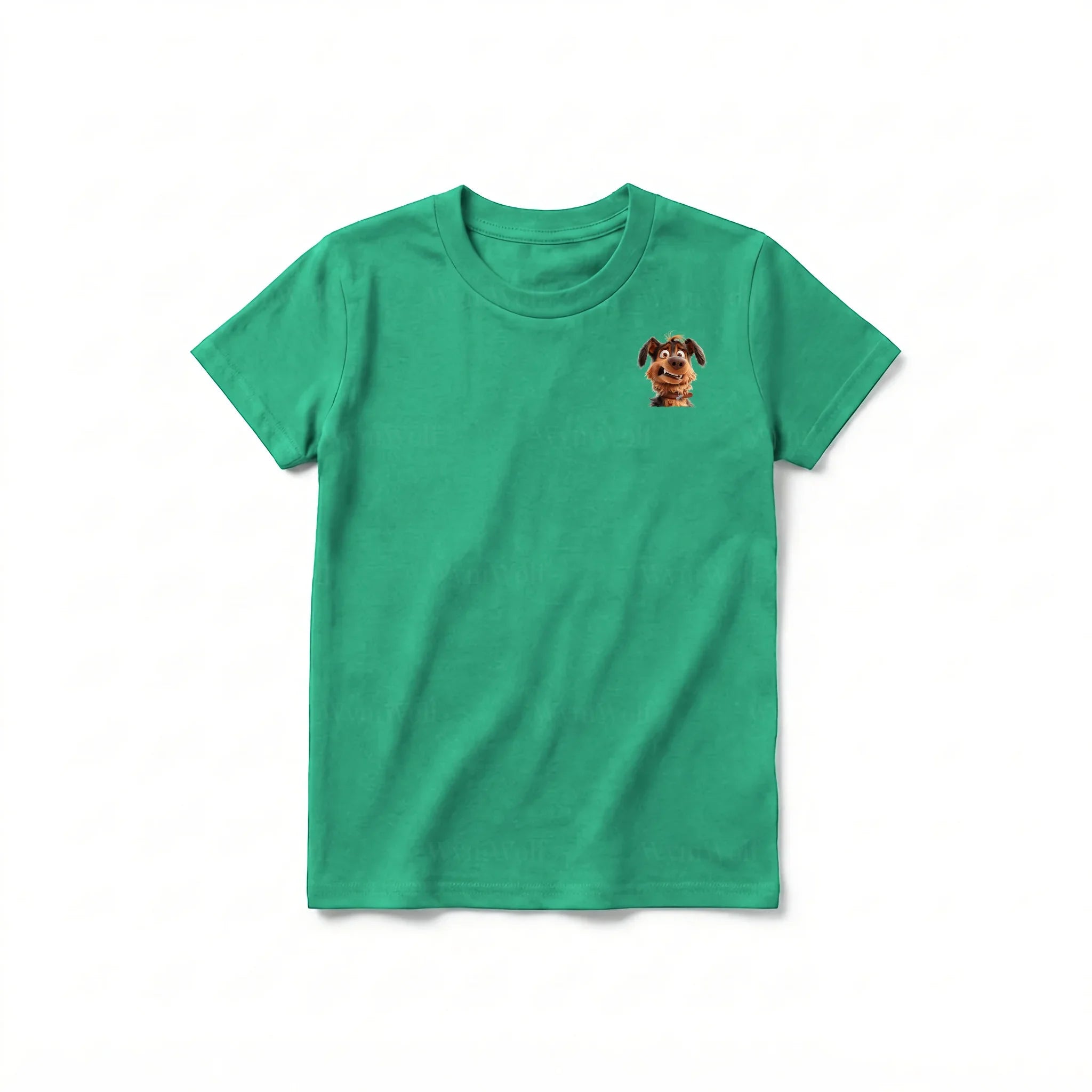 A kelly short-sleeve crewneck t-shirt for youth featuring a graphic of a dog on the left chest.