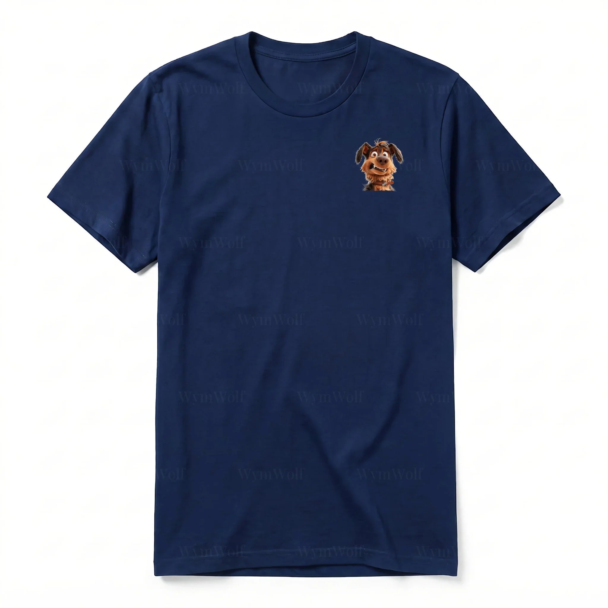 A navy short-sleeve crewneck t-shirt for adult featuring a graphic of a dog on the left chest.
