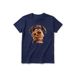 A navy short-sleeve crewneck t-shirt for youth featuring a graphic of a dog on the front.