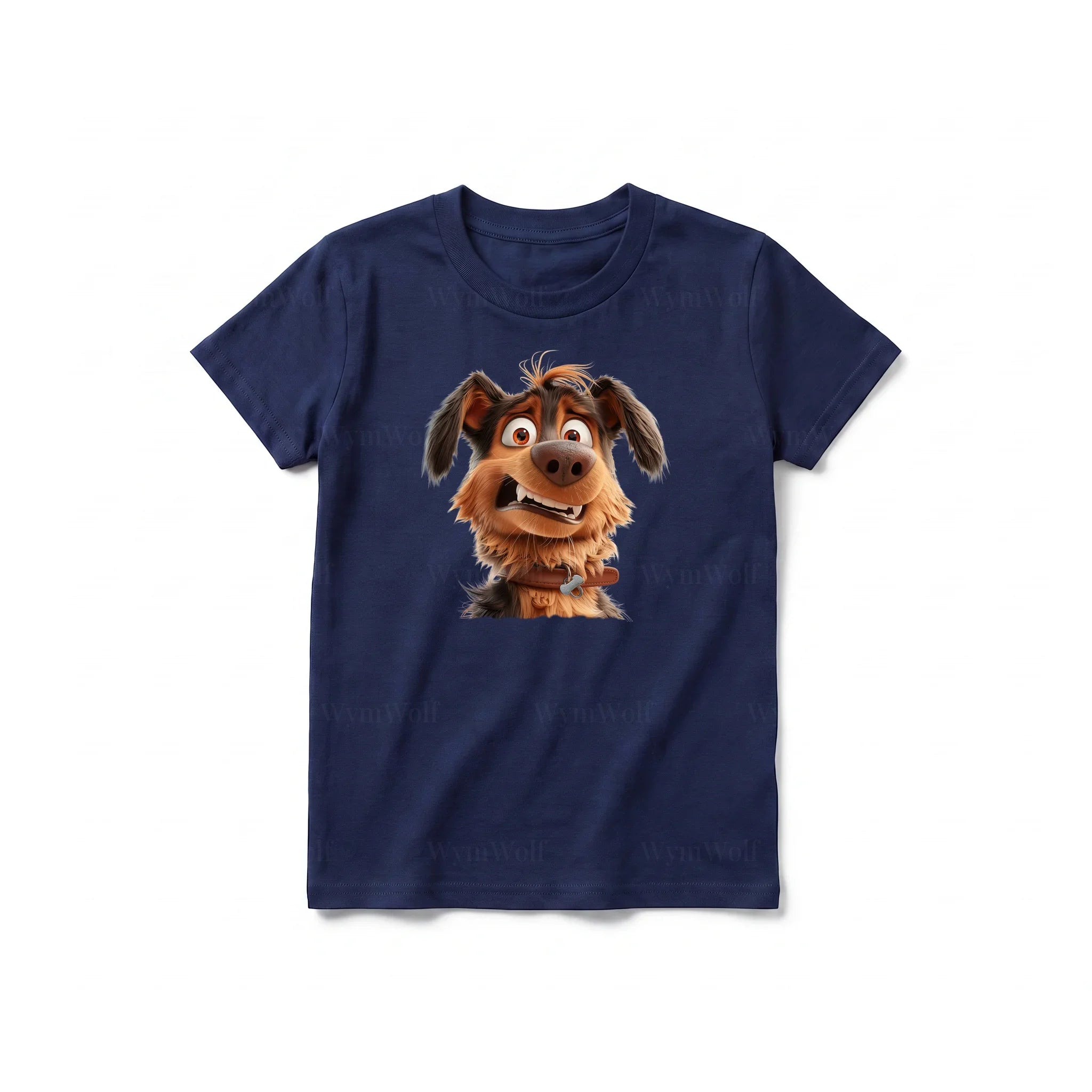 A navy short-sleeve crewneck t-shirt for youth featuring a graphic of a dog on the front.