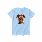Un T-shirt poudre à manches courtes et col rond pour jeune, orné d'un motif représentant un chien sur le devant.