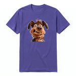 A purple short-sleeve crewneck t-shirt for adult featuring a graphic of a dog on the front.