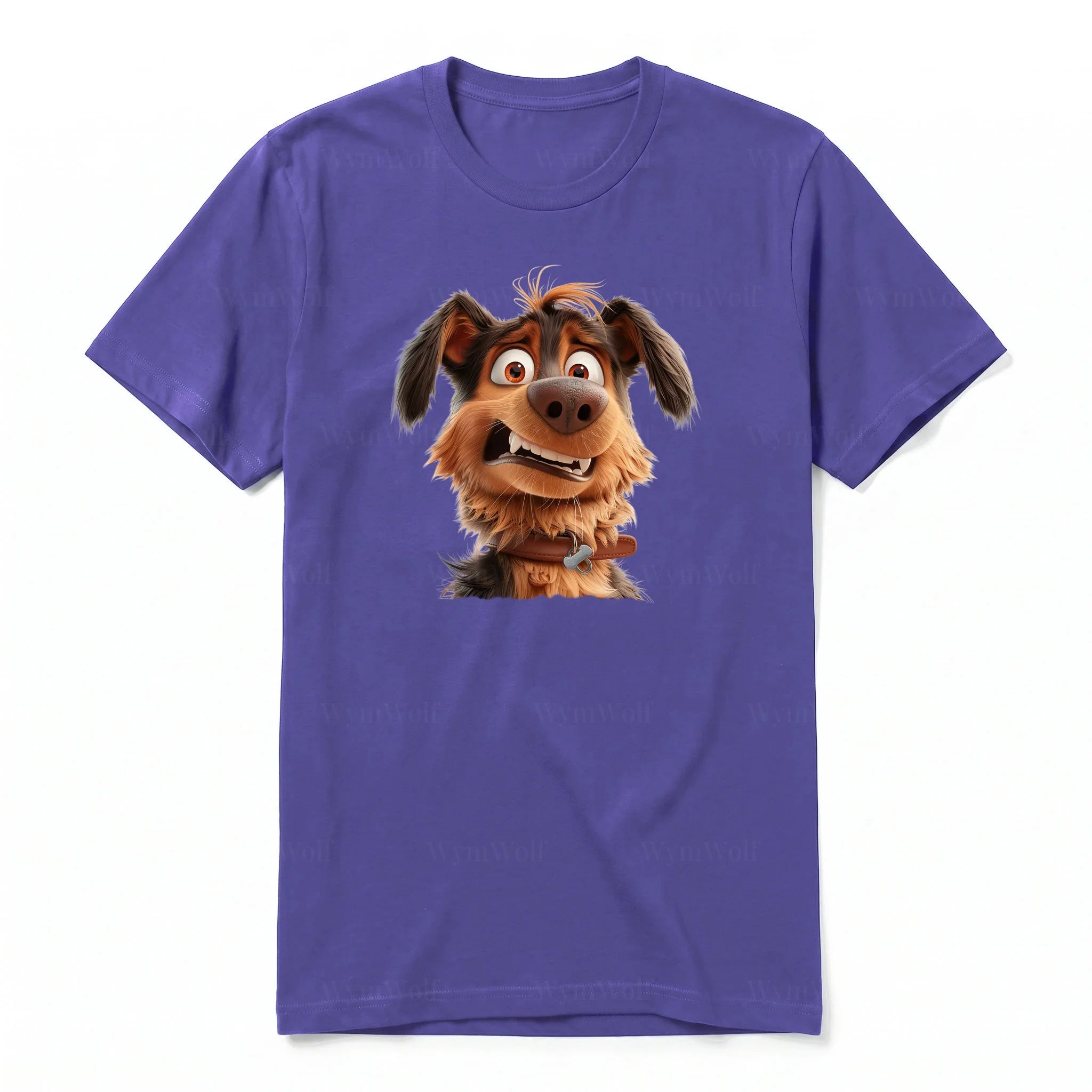 A purple short-sleeve crewneck t-shirt for adult featuring a graphic of a dog on the front.