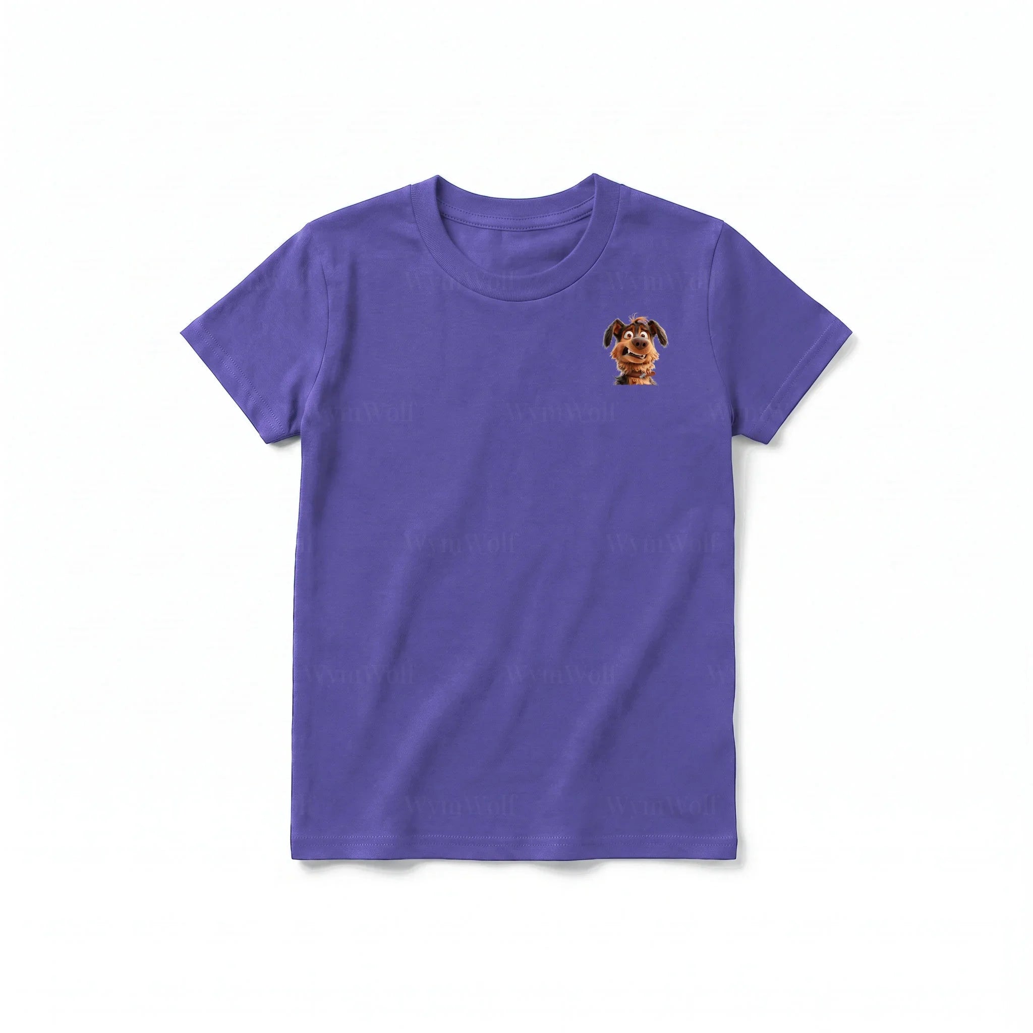A purple short-sleeve crewneck t-shirt for youth featuring a graphic of a dog on the left chest.
