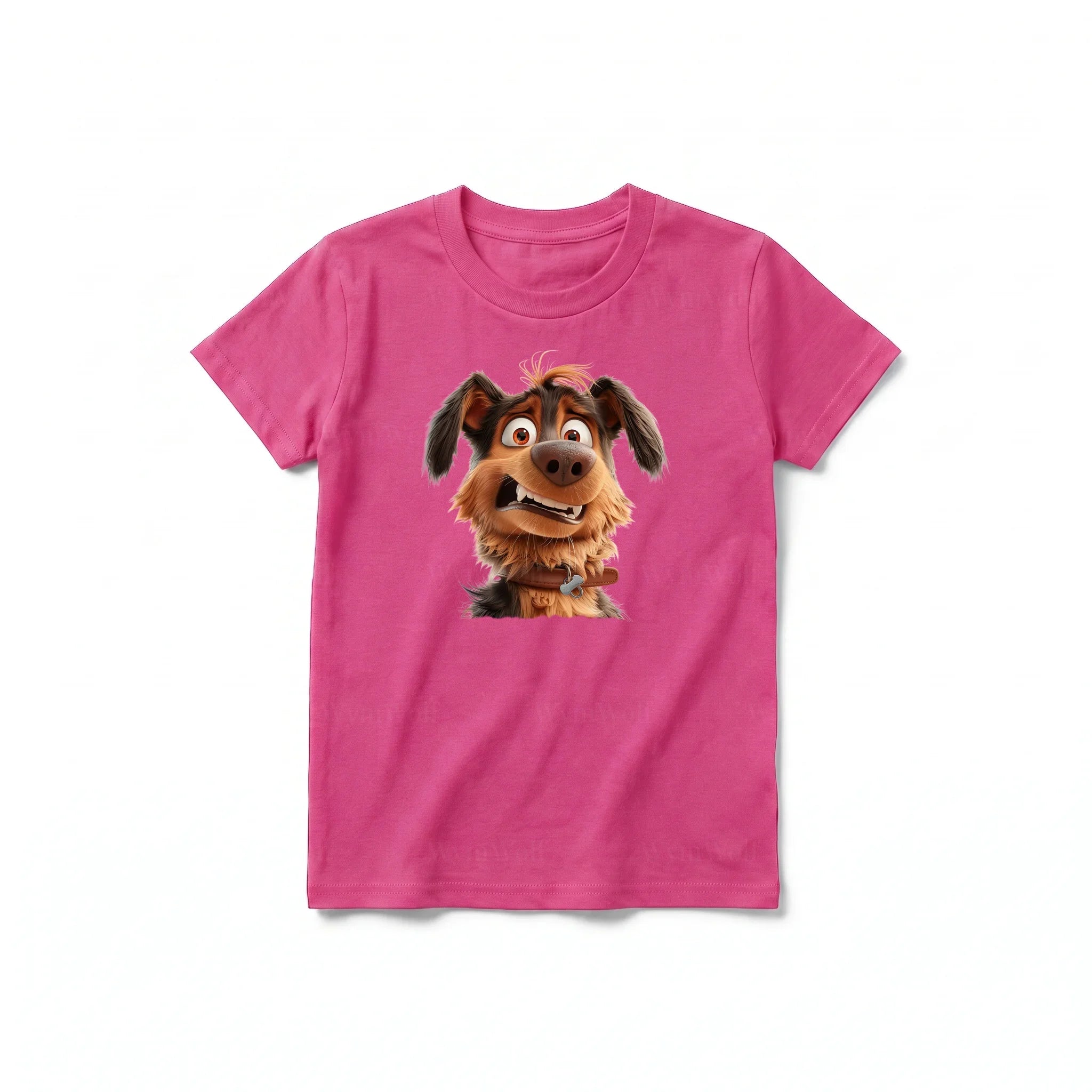 A raspberry short-sleeve crewneck t-shirt for youth featuring a graphic of a dog on the front.