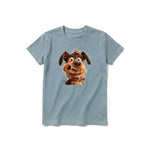 A sage short-sleeve crewneck t-shirt for youth featuring a graphic of a dog on the front.