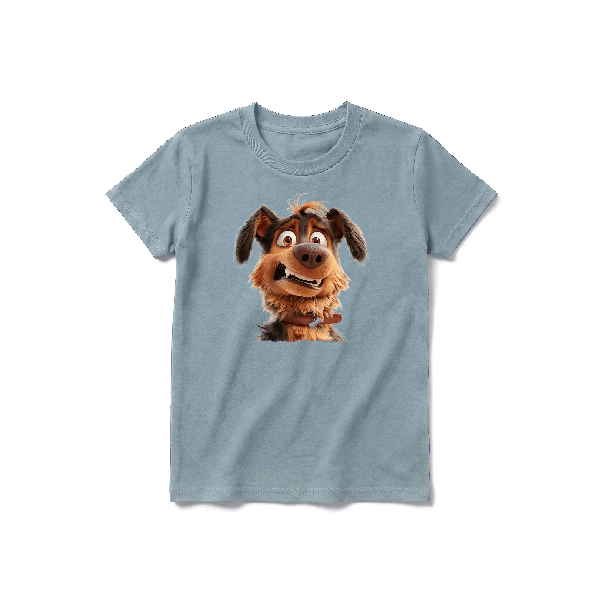 A sage short-sleeve crewneck t-shirt for youth featuring a graphic of a dog on the front.