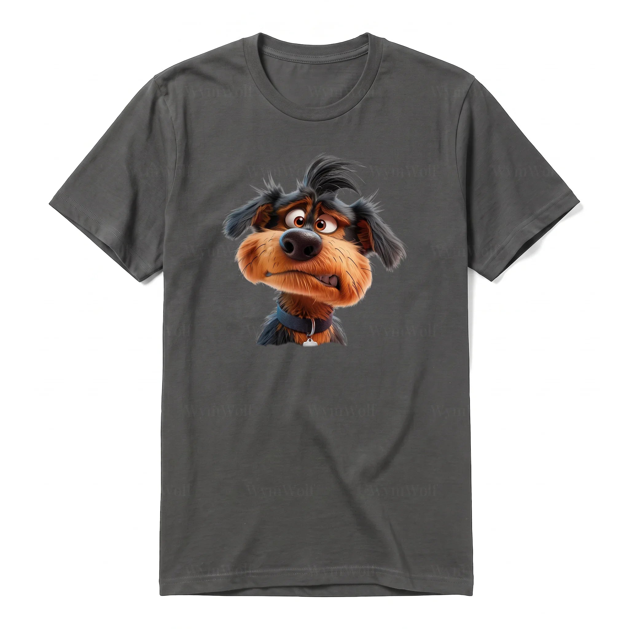 A charcoal short-sleeve crewneck t-shirt for adult featuring a graphic of a dog on the front.
