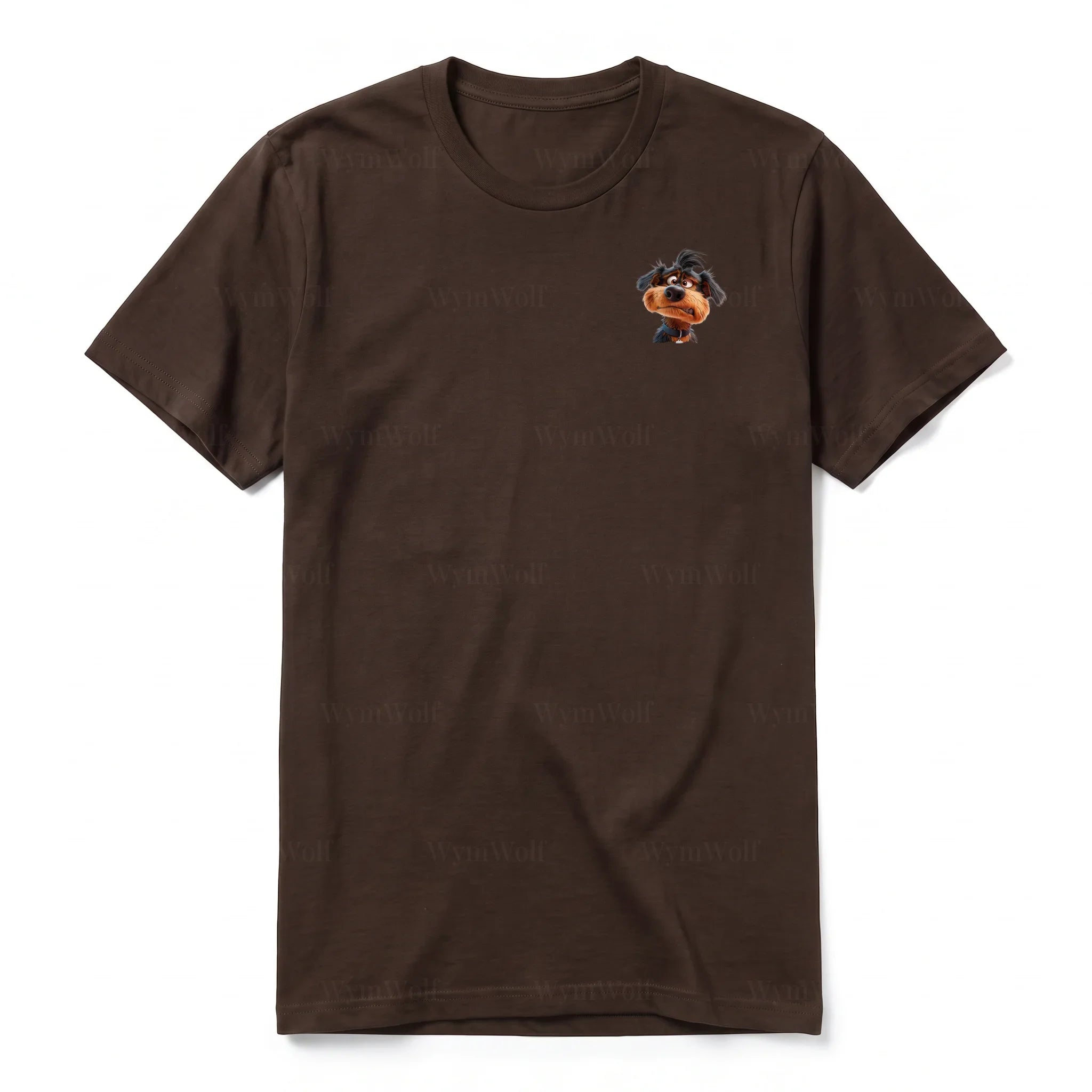 A chocolate short-sleeve crewneck t-shirt for adult featuring a graphic of a dog on the left chest.