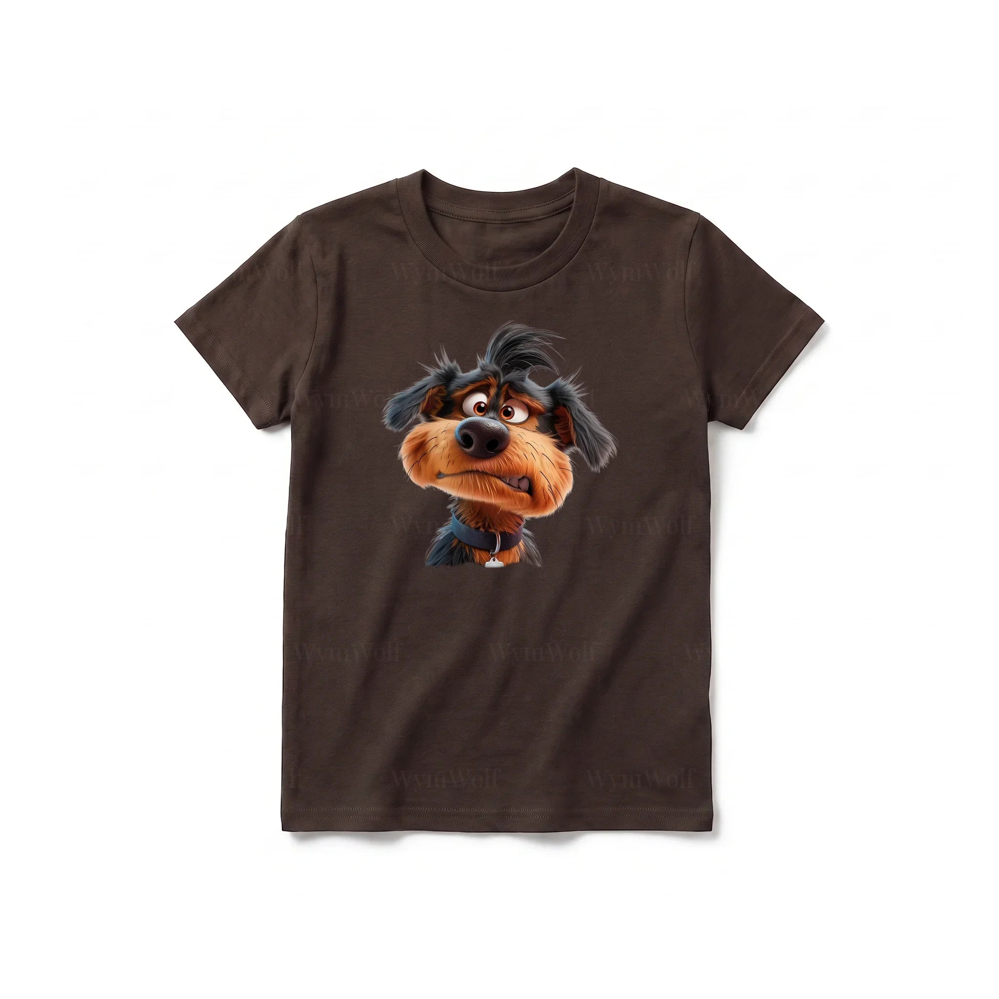 A chocolate short-sleeve crewneck t-shirt for youth featuring a graphic of a dog on the front.
