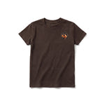 A chocolate short-sleeve crewneck t-shirt for youth featuring a graphic of a dog on the left chest.