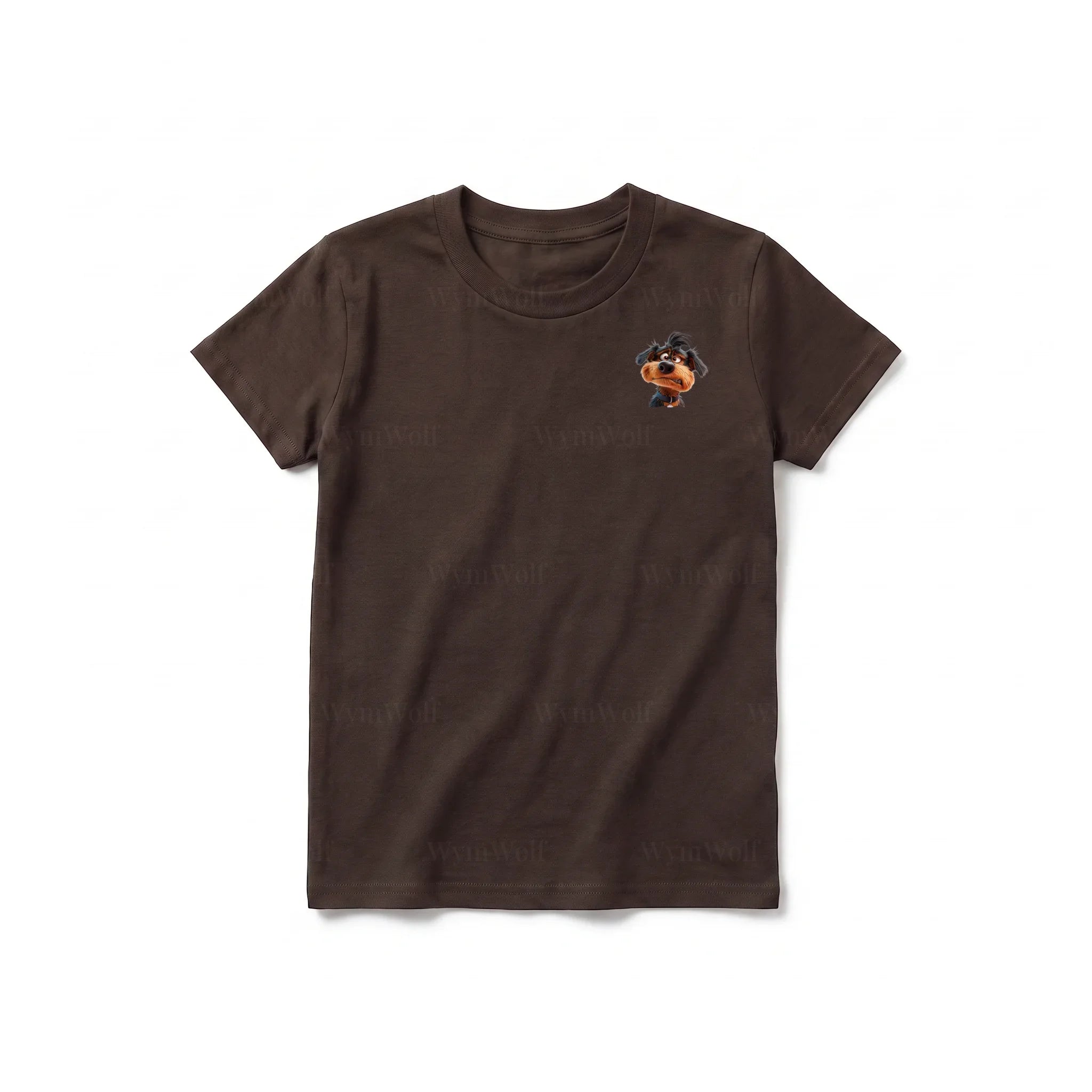 A chocolate short-sleeve crewneck t-shirt for youth featuring a graphic of a dog on the left chest.