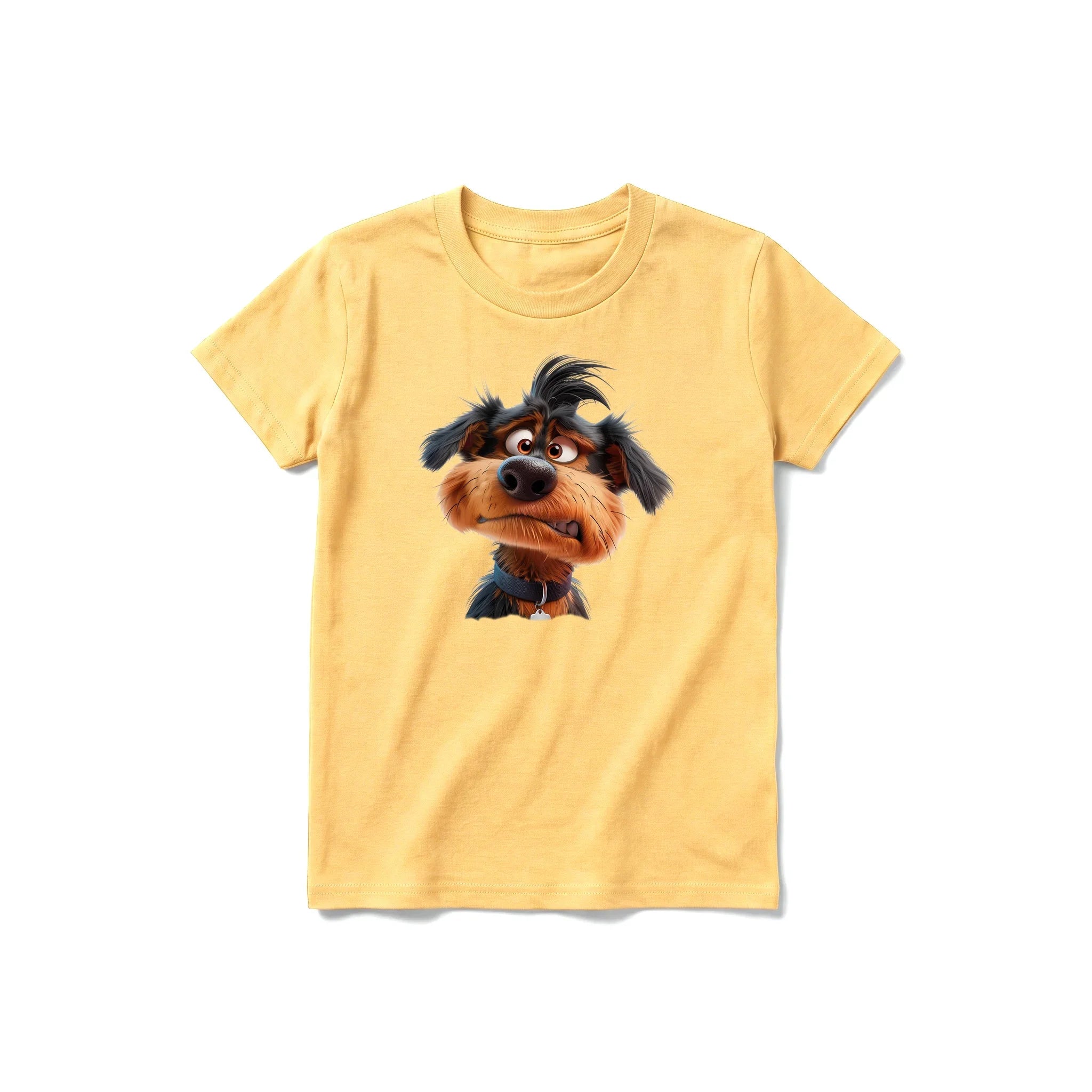 Un T-shirt moutarde à manches courtes et col rond pour jeune, orné d'un motif représentant un chien sur le devant.