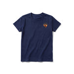 Un T-shirt marine à manches courtes et col rond pour jeune, orné d'un motif représentant un chien sur la poitrine gauche.