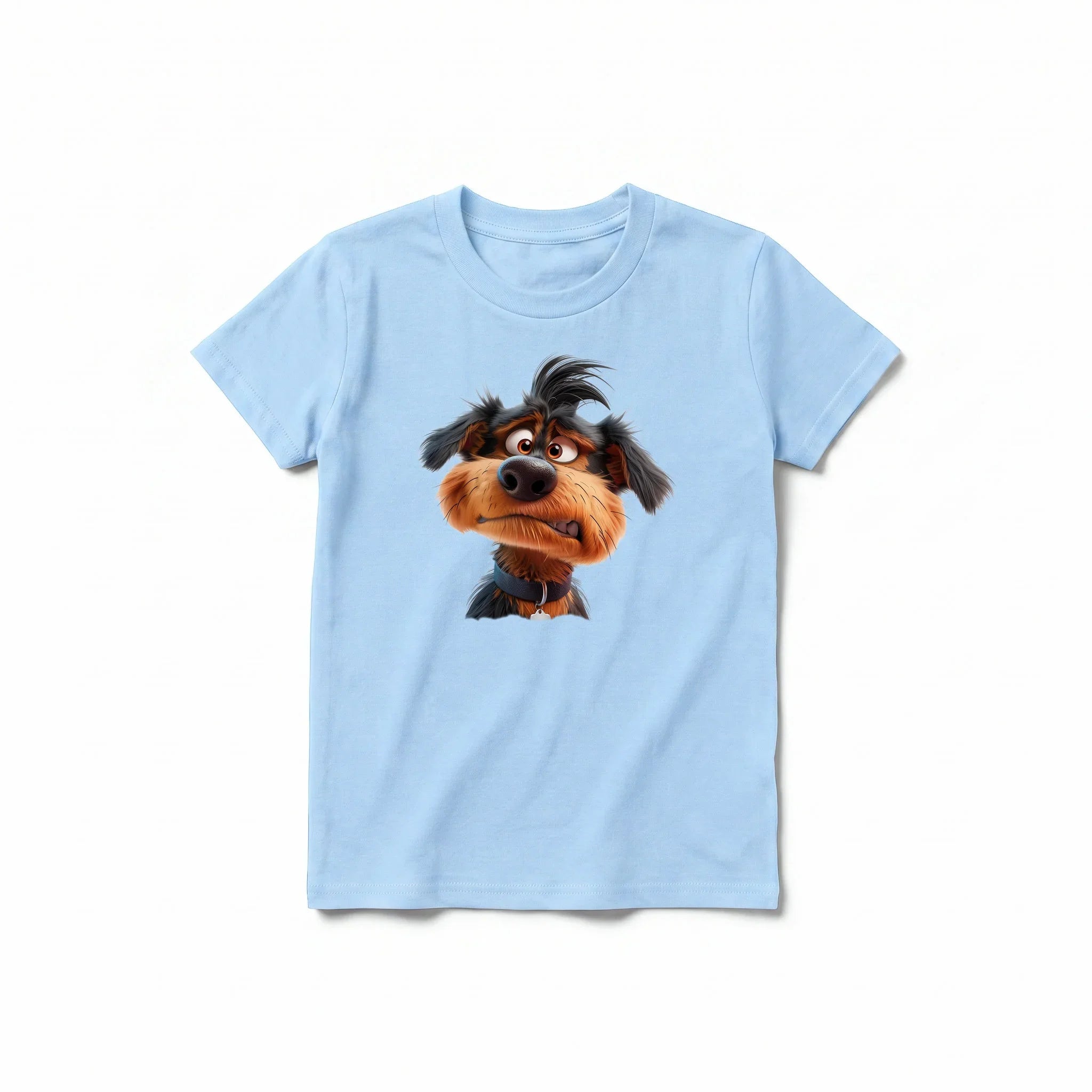 Un T-shirt poudre à manches courtes et col rond pour jeune, orné d'un motif représentant un chien sur le devant.