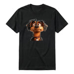 A black short-sleeve crewneck t-shirt for adult featuring a graphic of a dog on the front.