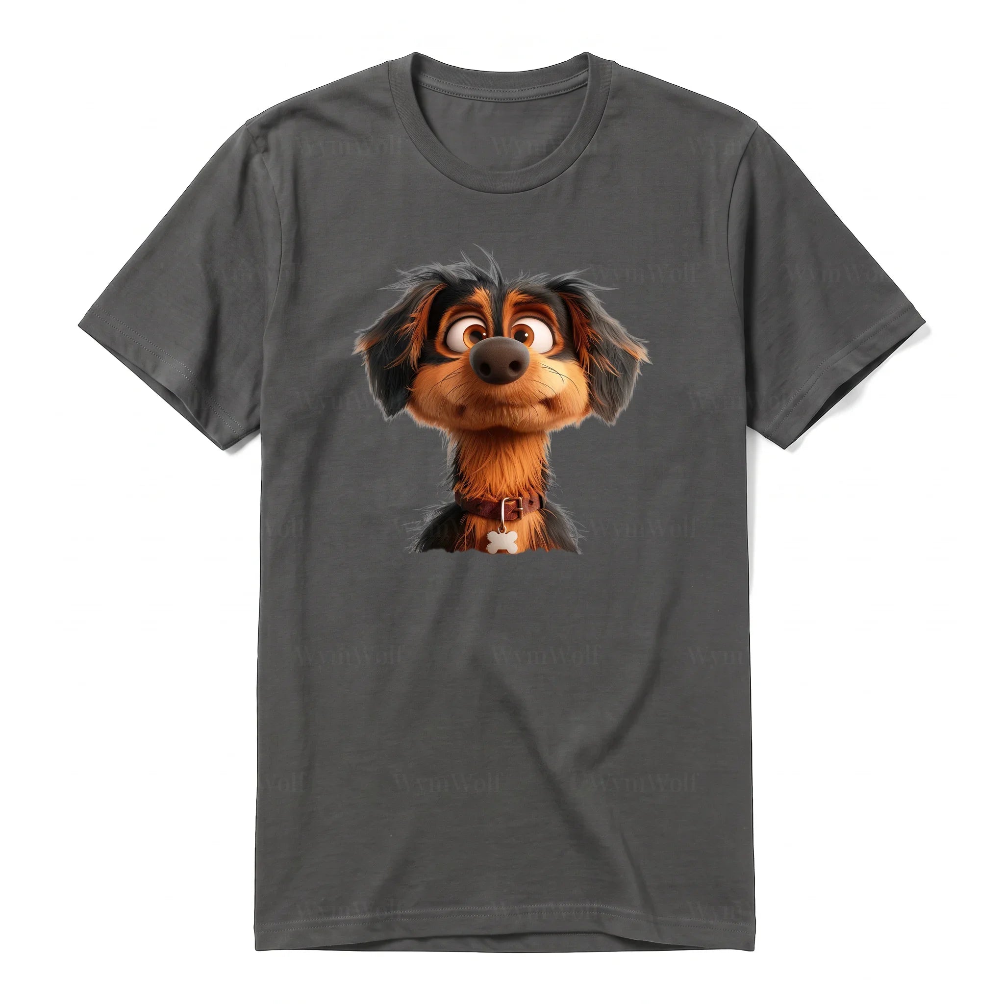 Un T-shirt charbon à manches courtes et col rond, orné d'un motif représentant un chien sur le devant.