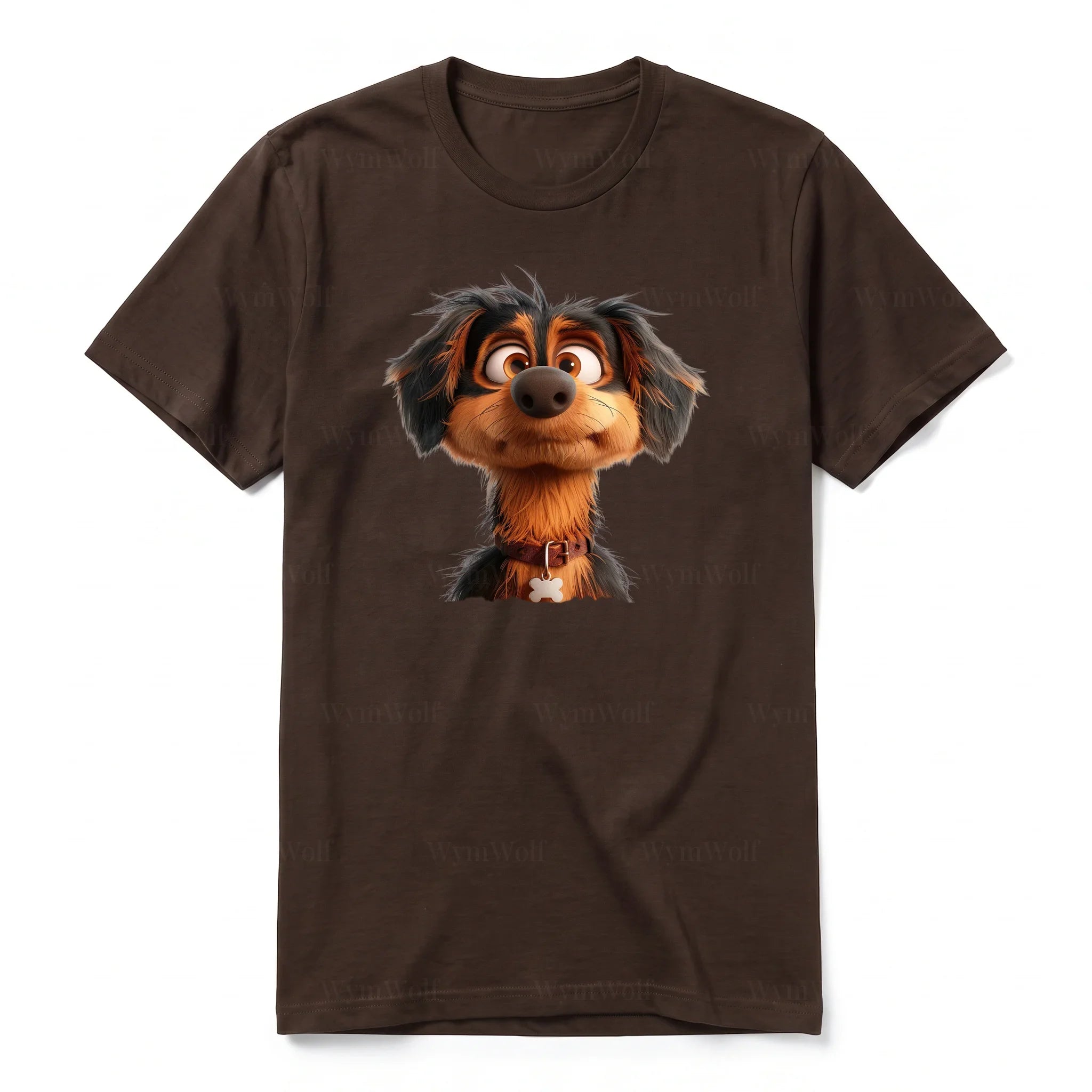 Un T-shirt chocolat à manches courtes et col rond, orné d'un motif représentant un chien sur le devant.