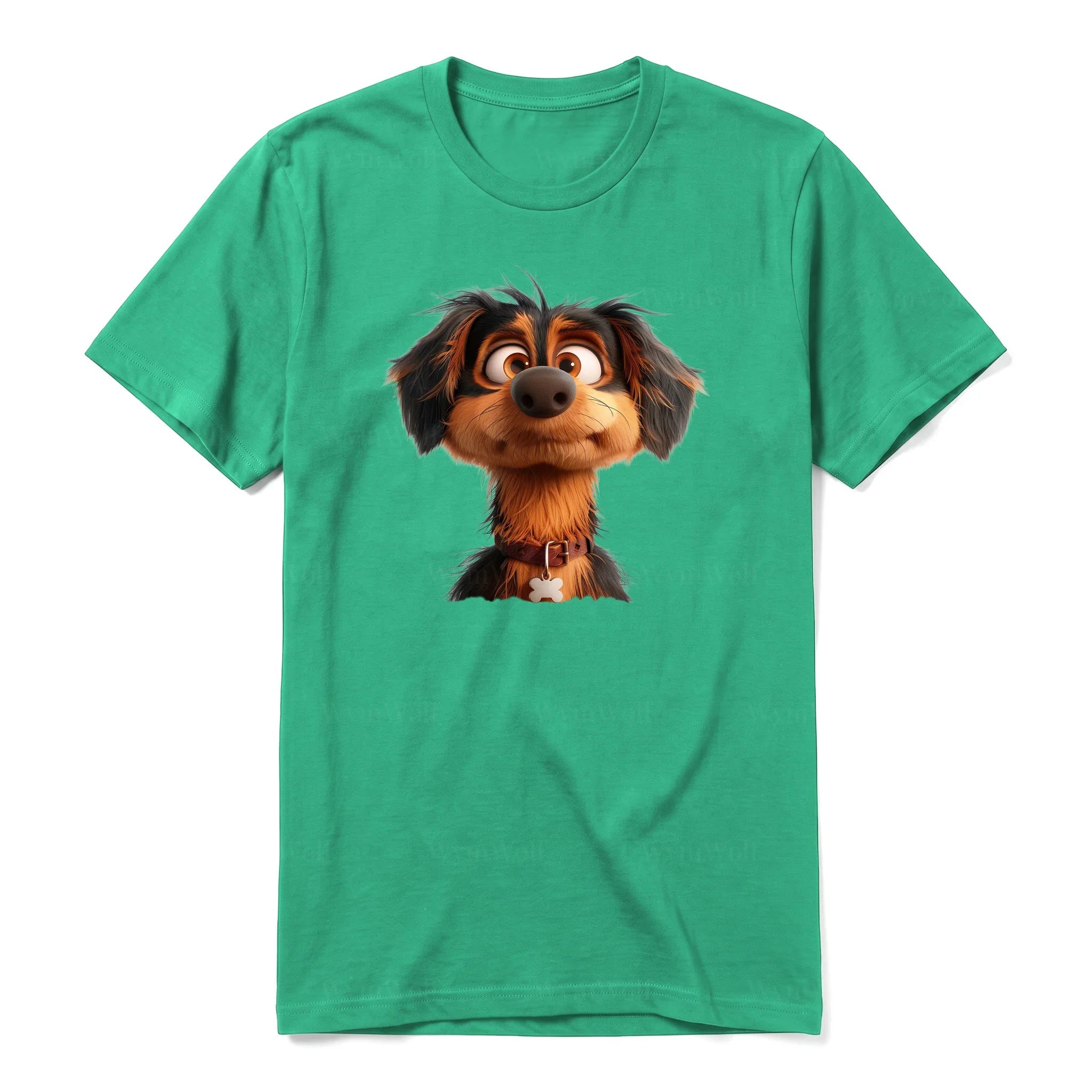 Un T-shirt kelly à manches courtes et col rond, orné d'un motif représentant un chien sur le devant.